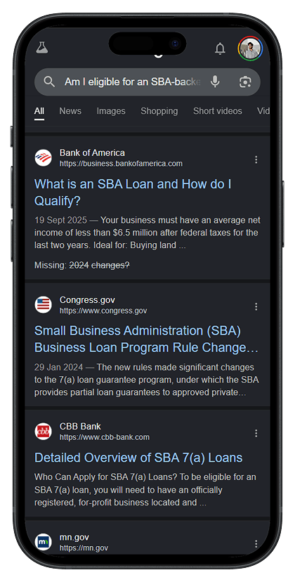 Maria searching a traditional search engine for business financing