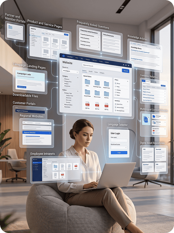 Woman using laptop with website content overlays
